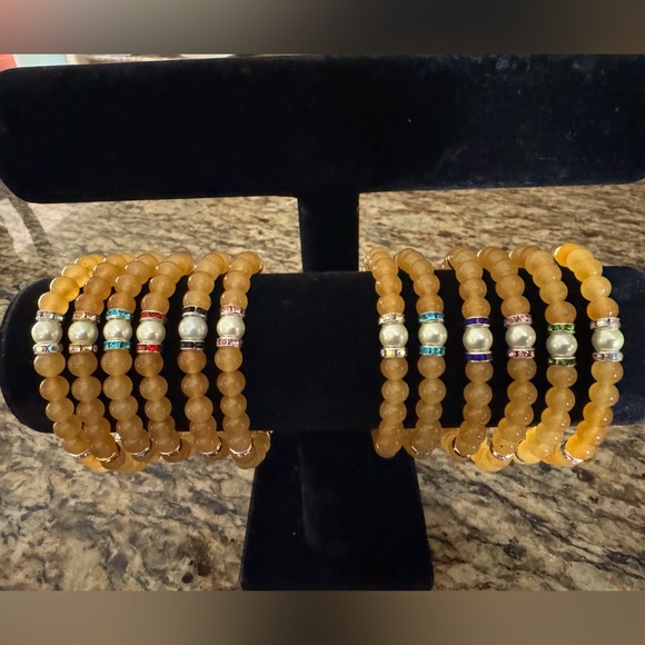 Golden Yellow Bead Bracelets with Simulated Pearl & Rhinestone Spacers - Picture 1 of 9